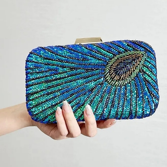 Peacock Blue Feather Retro 20s 30s Style Sequin Box Clutch Purse Crossbody Chain - Picture 1 of 16